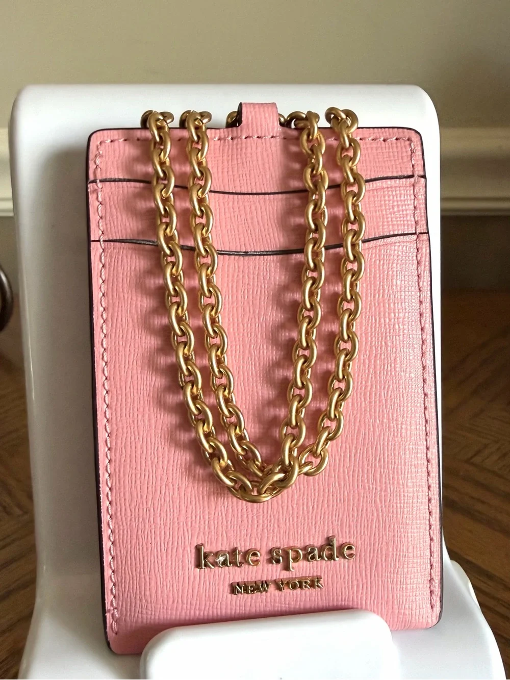 kate spade Pink Leather Card & Key Holder with Gold Chain lanyard EUC